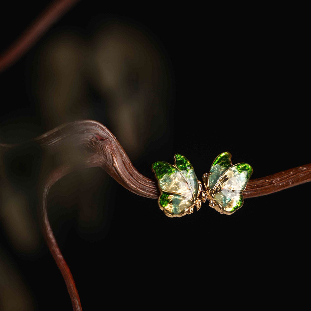 Colorful Stone Inlaid Earrings, Emerald Green Butterfly Wings