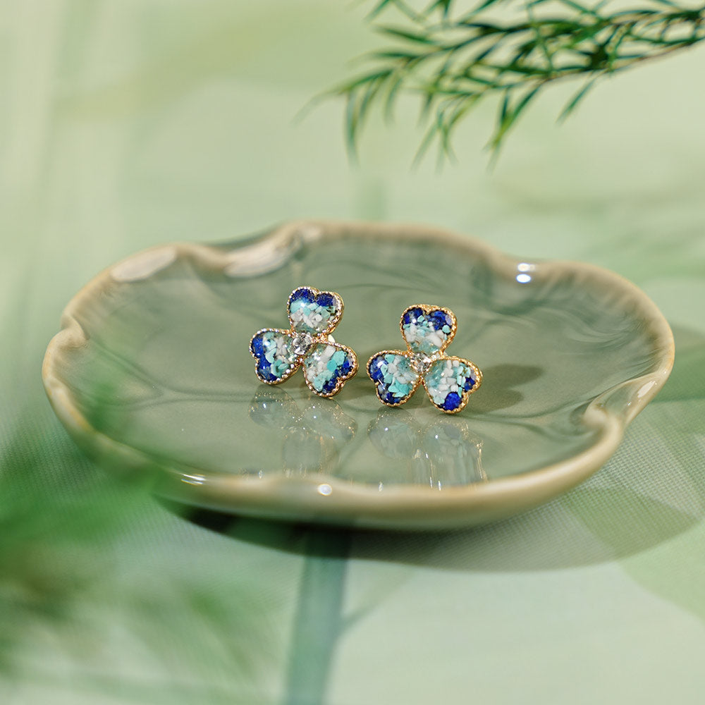 Color Stone Inlay Blue & White Three-Leaf Clover Stud Earrings