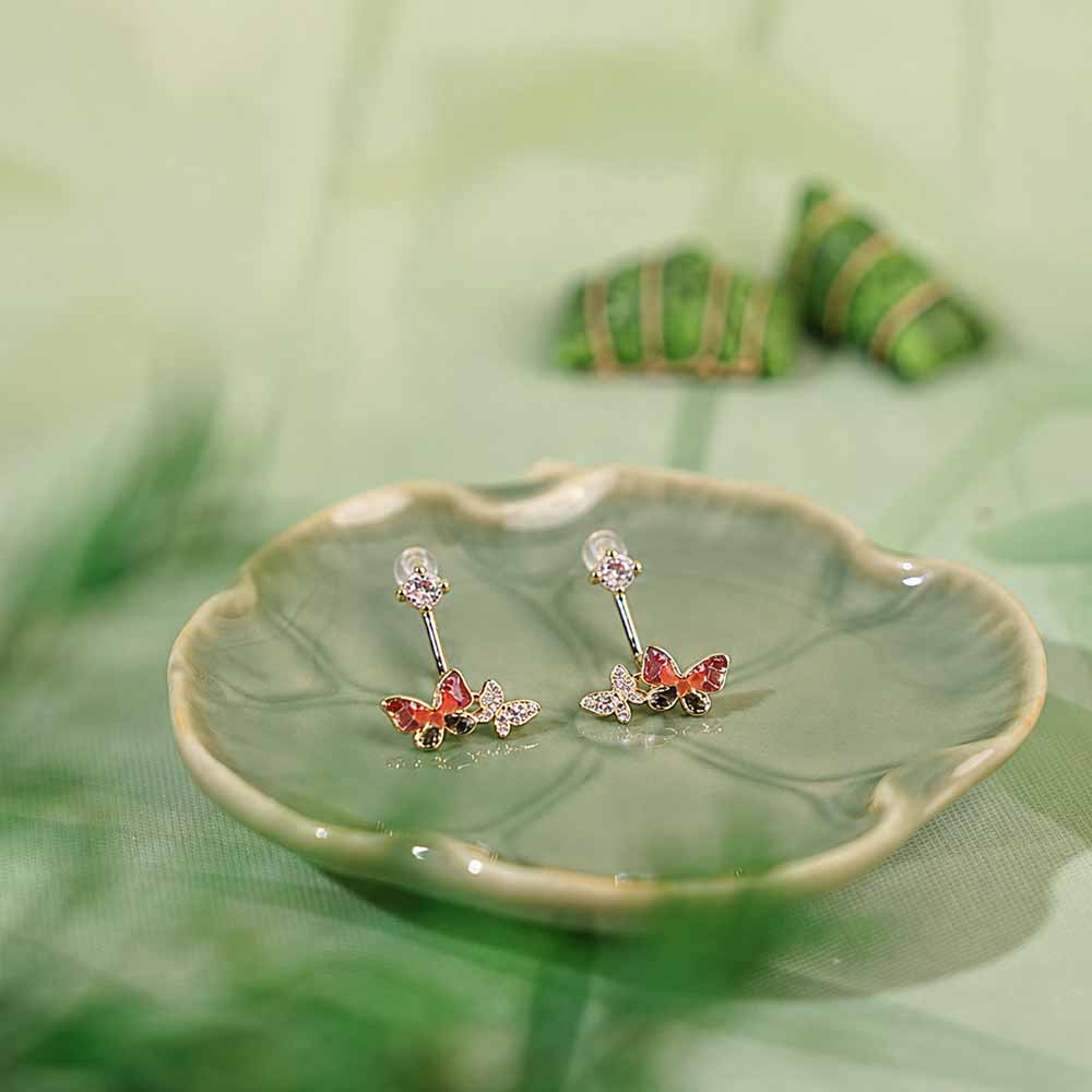 Colorful Stone Inlaid Butterfly Drop Earrings, Plum Red Prosperity Series