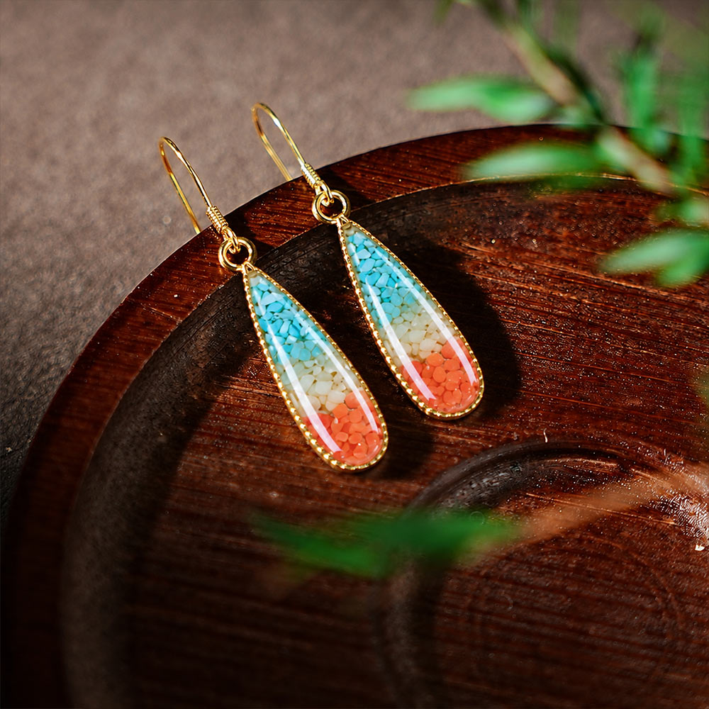 Colorful Stone Inlaid Ear Studs, Dunhuang Red Southern Red Agate Drop Style