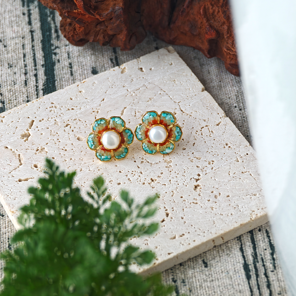 Dunhuang Baoxiang Flower Blue Stud Earrings
