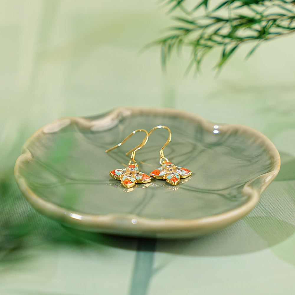 Color Stone Inlay Pointed Four-Leaf Clover Hook Earrings - Dunhuang Series