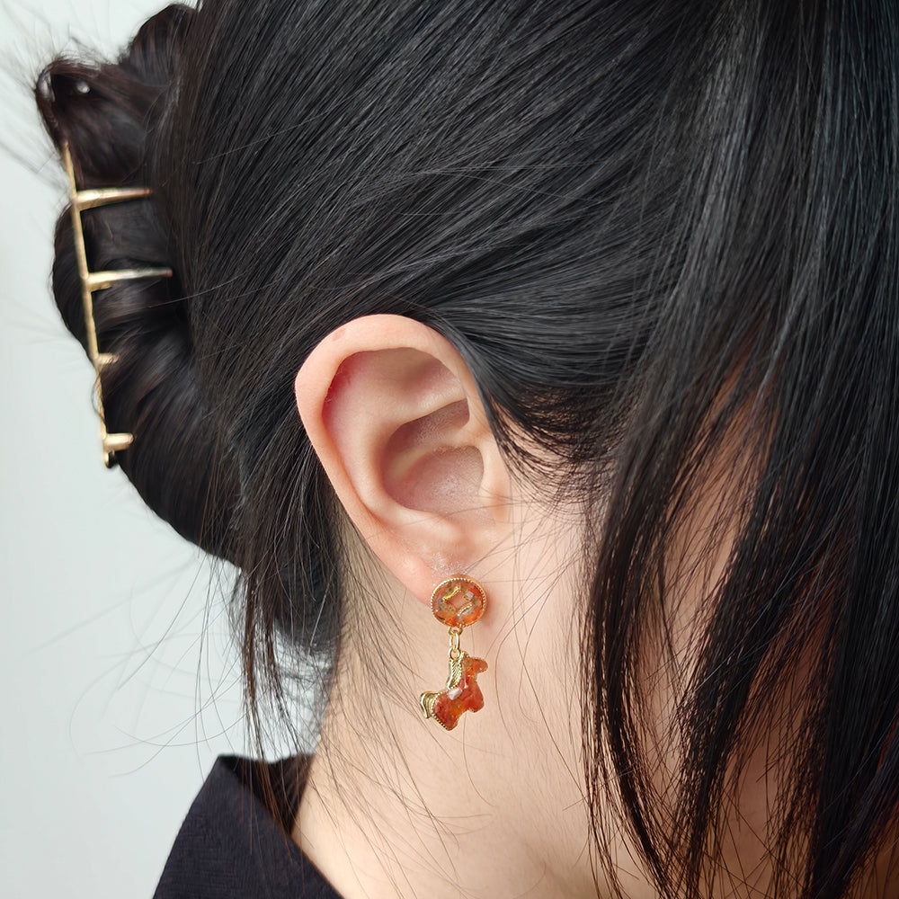 Colorful Stone Inlaid Earrings, “Prosperity Red” Coin Horse Design