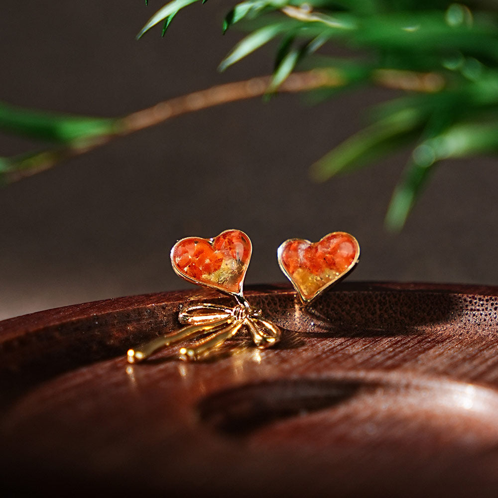 Color Stone Inlay Stud Earrings – Prosperous Red Asymmetrical Heart