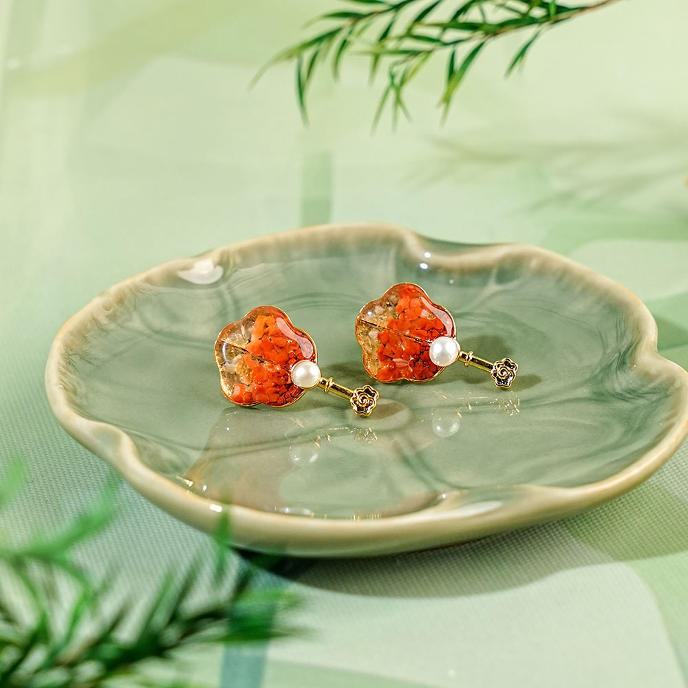 Colorful Stone Inlaid Earrings, Prosperity Red Folding Fan