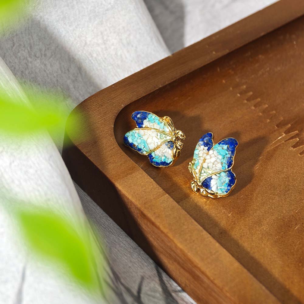 Butterfly Wing Earrings with Blue-and-White Enamel and Stone Inlay