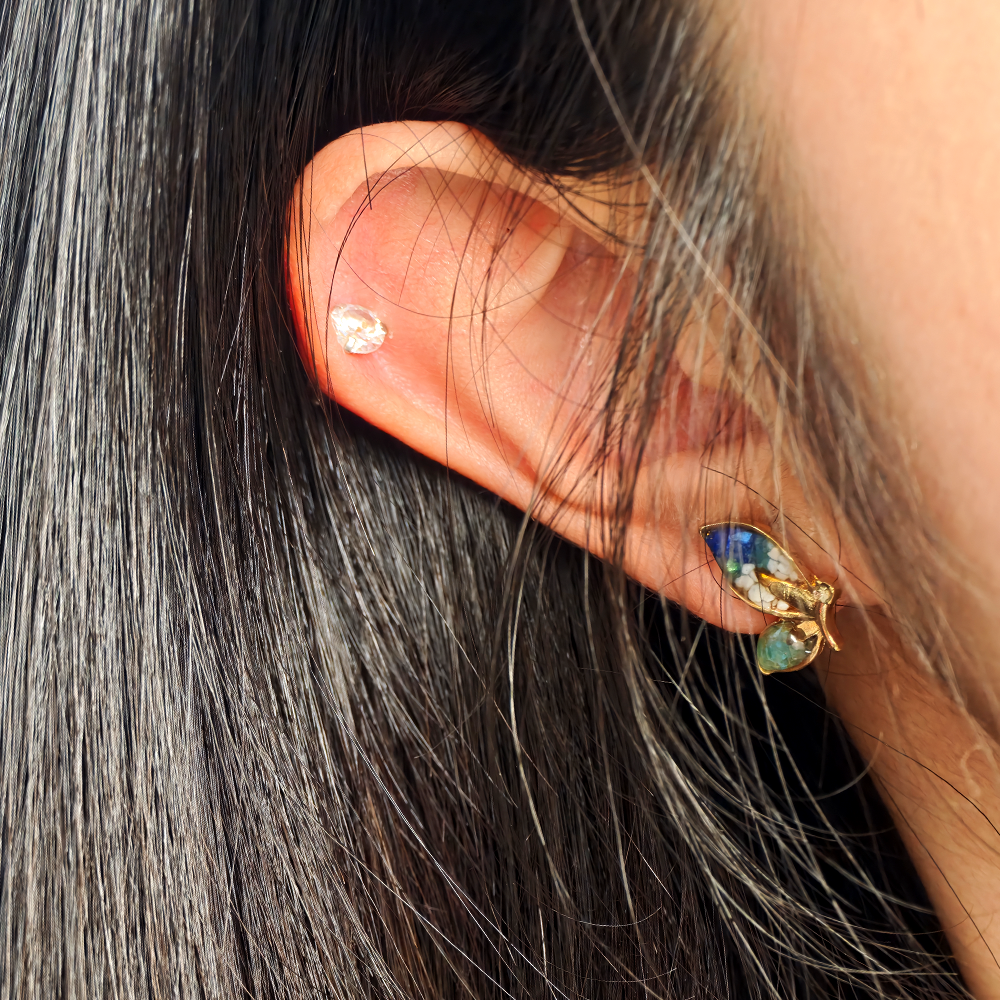 Color Stone Inlay Blue & White Butterfly Wing Stud Earrings