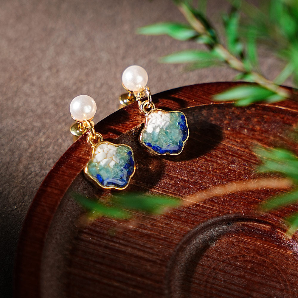 Jade Blue & White Shell Stone Inlay Earrings