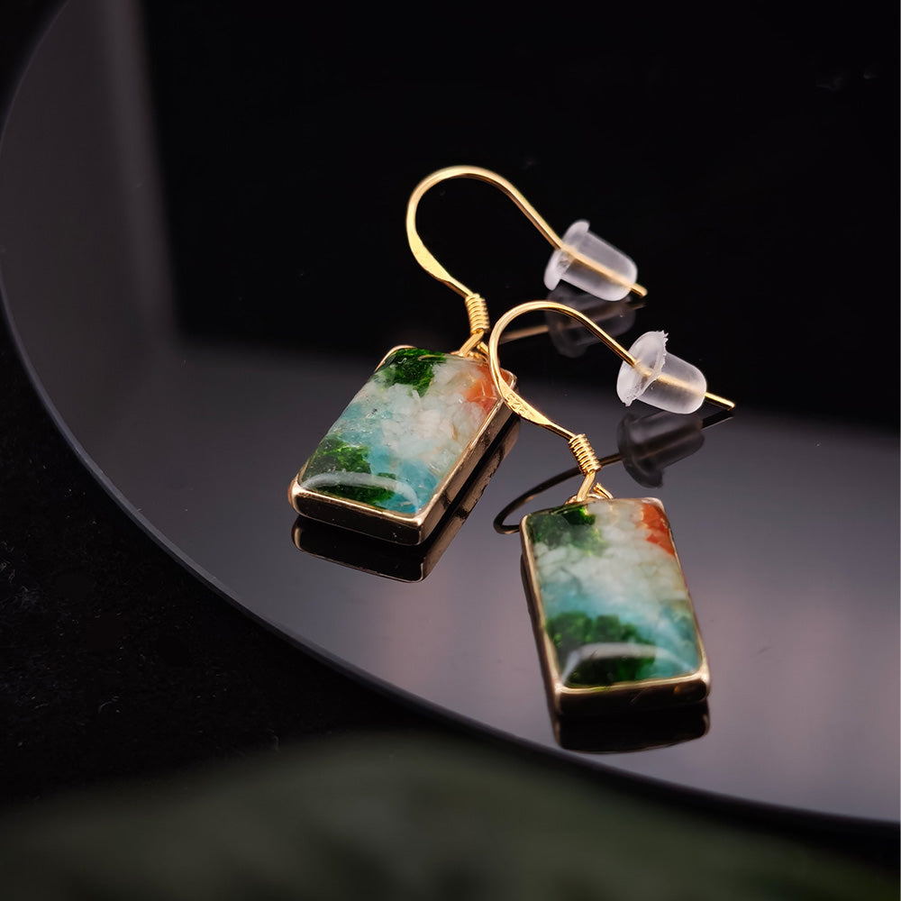 Rainy-Day Jiangnan Rectangular Ear Hooks with Color Stone Inlay