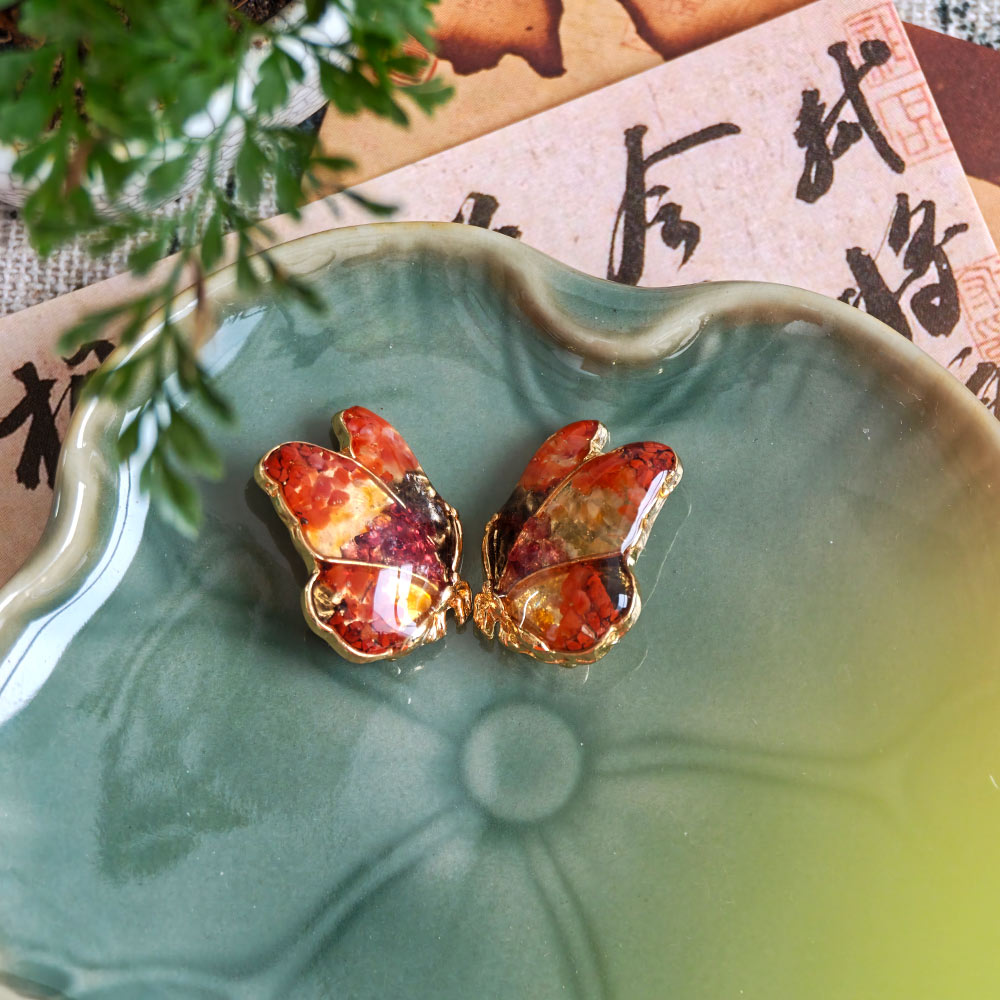 Color Stone Inlay Butterfly Wing Stud Earrings - Red & Prosperous Series
