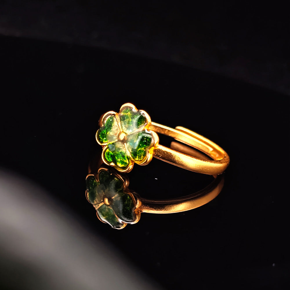 Adjustable-size Emerald Green Four-Leaf Clover Ring with Colorful Stone Inlay