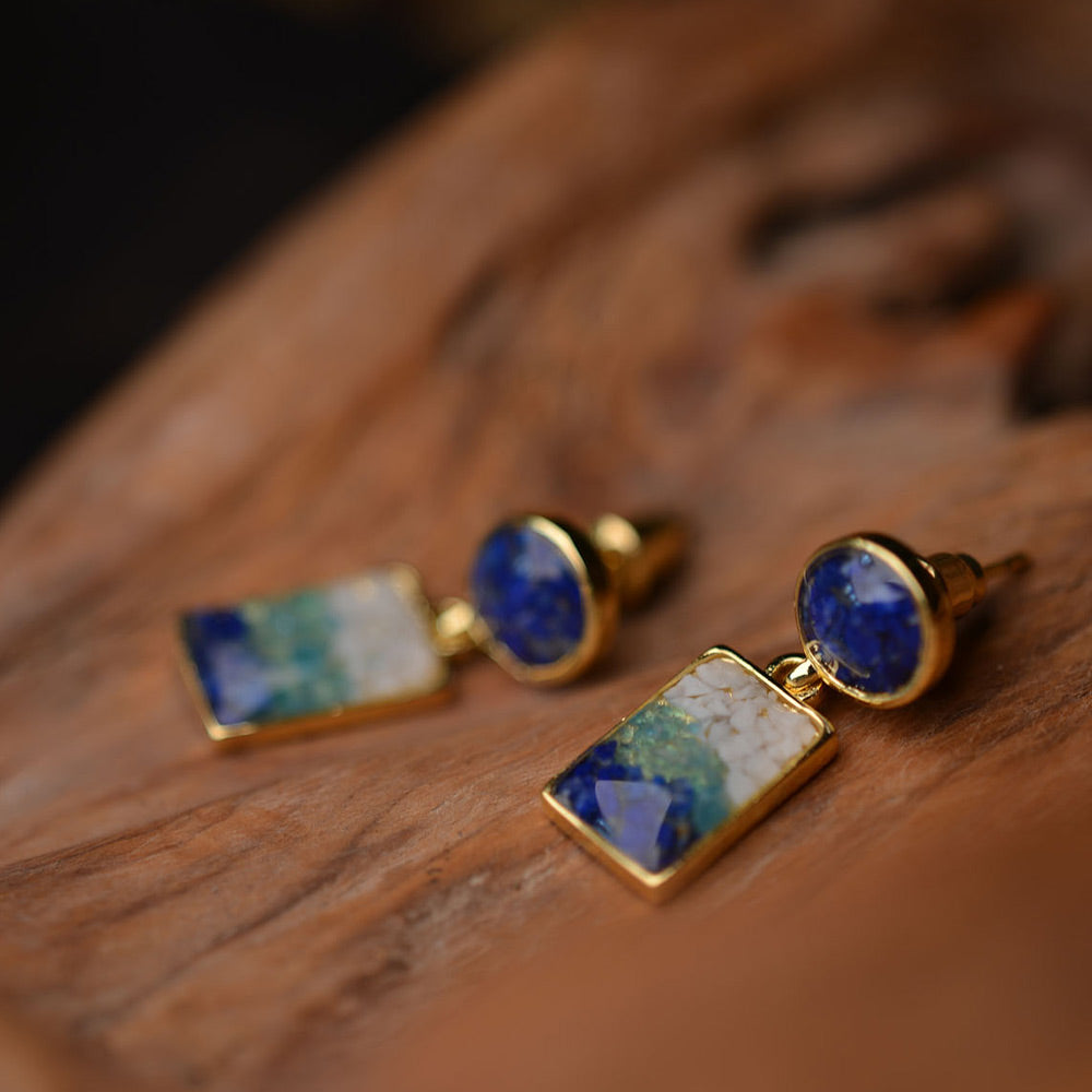 Color Stone Inlay Earrings – Blue & White Round Square