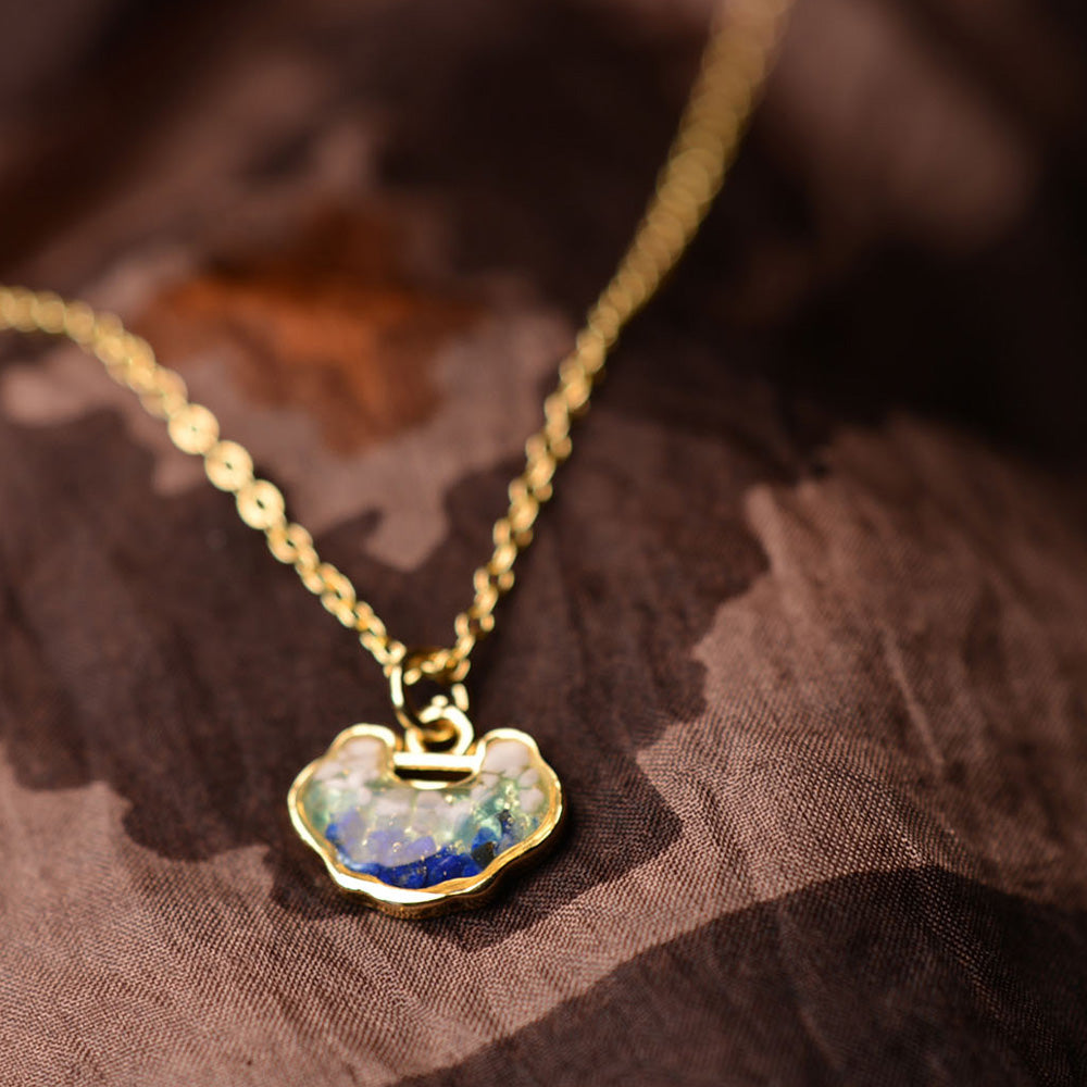Color Stone Inlay Longevity Lock Necklace – Blue & White