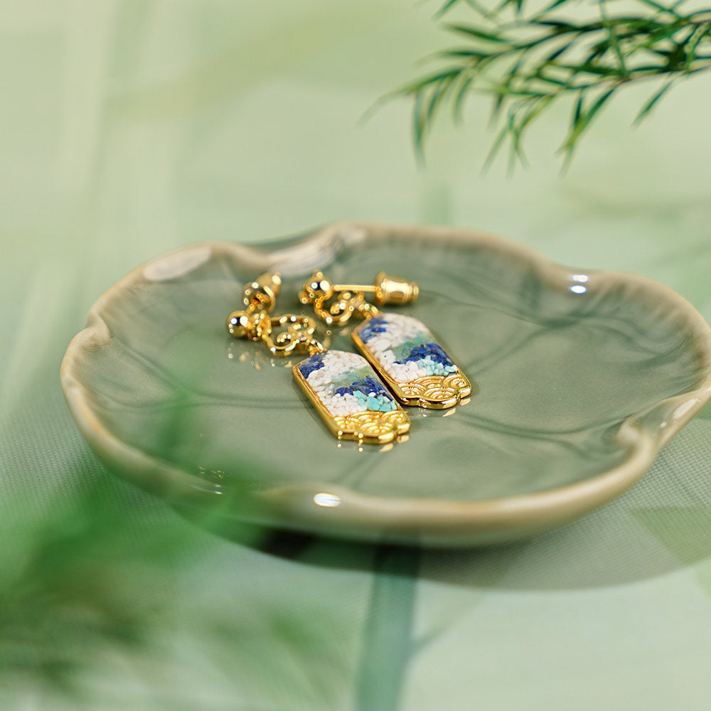 Colored Stone Inlaid Blue-and-White Nameplate Hook Earrings