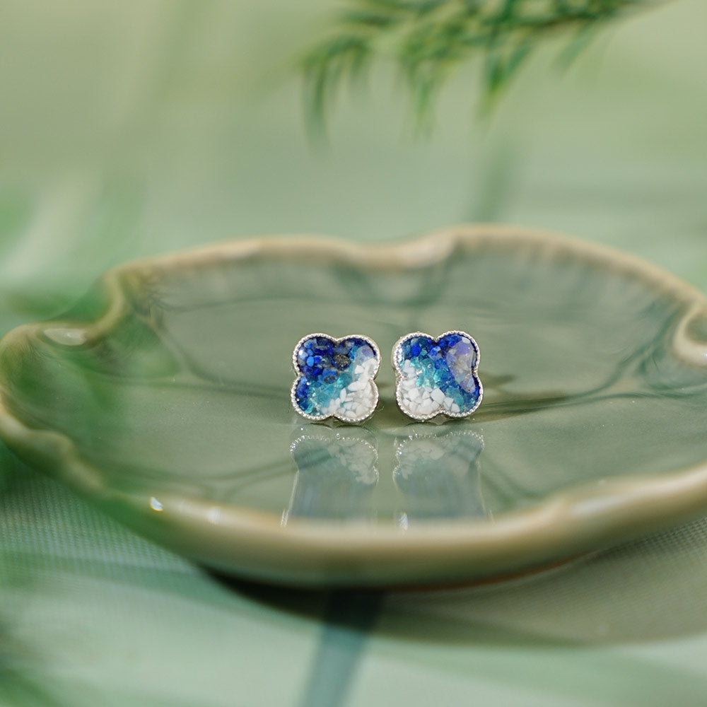 Color Stone Inlay Silver Clover Stud Earrings – Blue & White Series