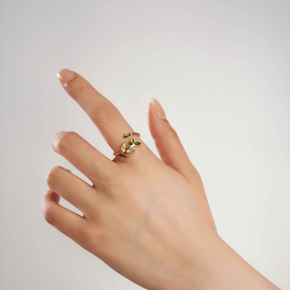 Adjustable Jadeite Olive Branch Ring with Colored Stone Inlay