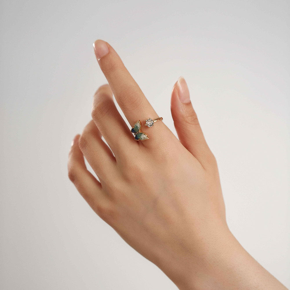 Colored Stone Inlaid Blue-and-White Gradient Butterfly Ring