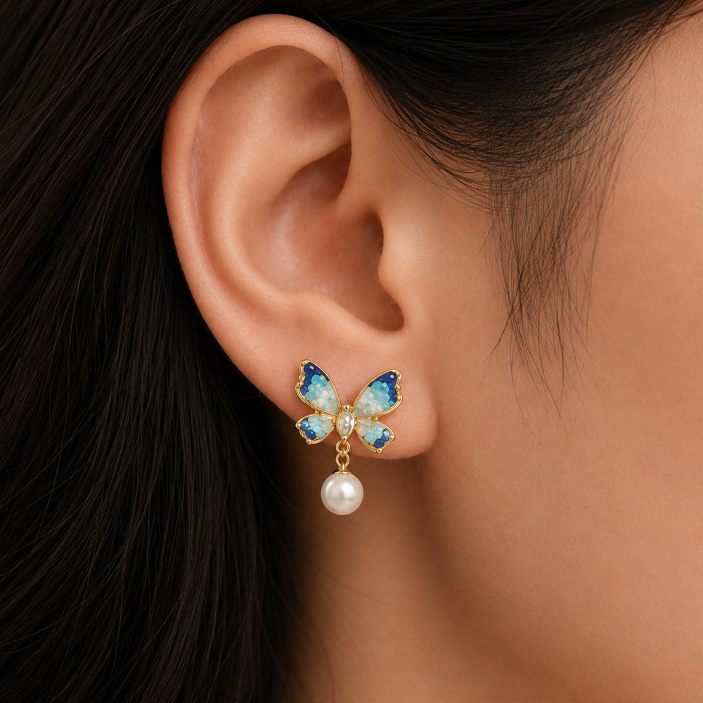 Butterfly in Azure Dream” Lapis Lazuli Butterfly Stud Earrings + Necklace Bundle