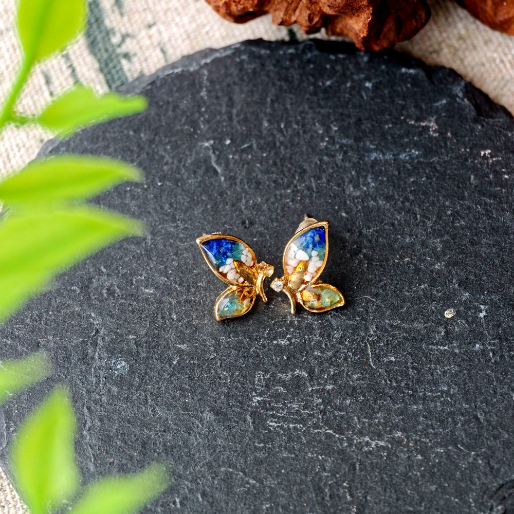 Color Stone Inlay Blue & White Butterfly Wing Stud Earrings