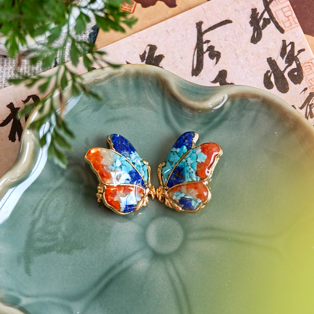 Color Stone Inlay Butterfly Wing Stud Earrings - Dunhuang Series