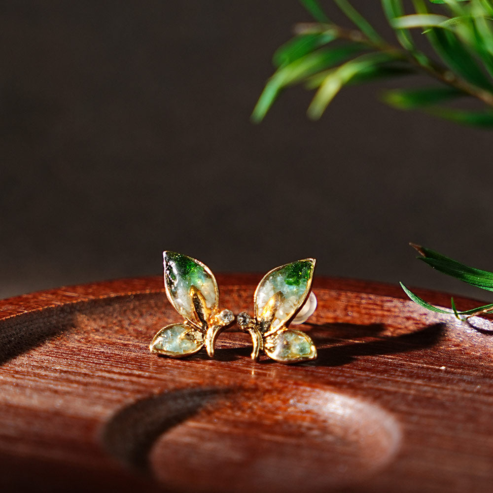 Color Stone Inlay Jade Green Butterfly Wing Stud Earrings - Style