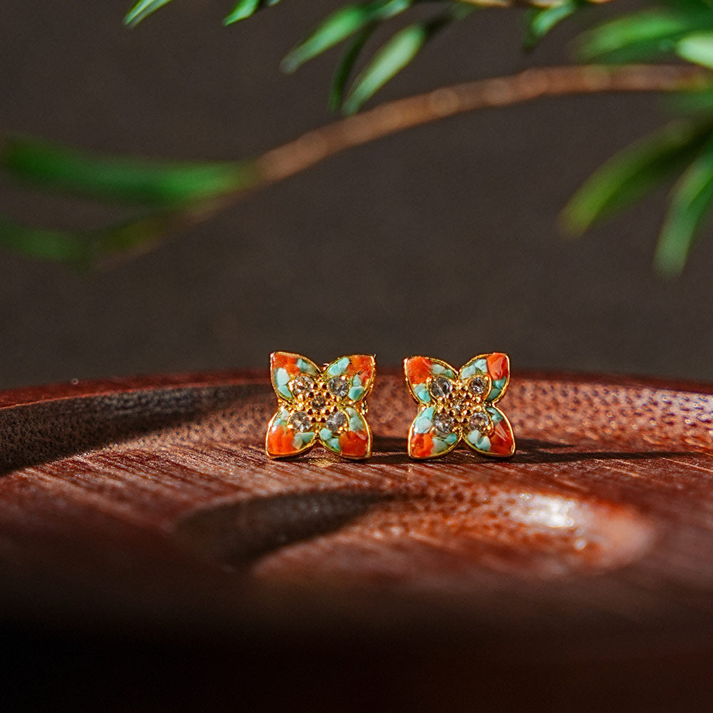 Colorful Stone Inlaid Pointed Four-Leaf Clover Earrings, Dunhuang Palette