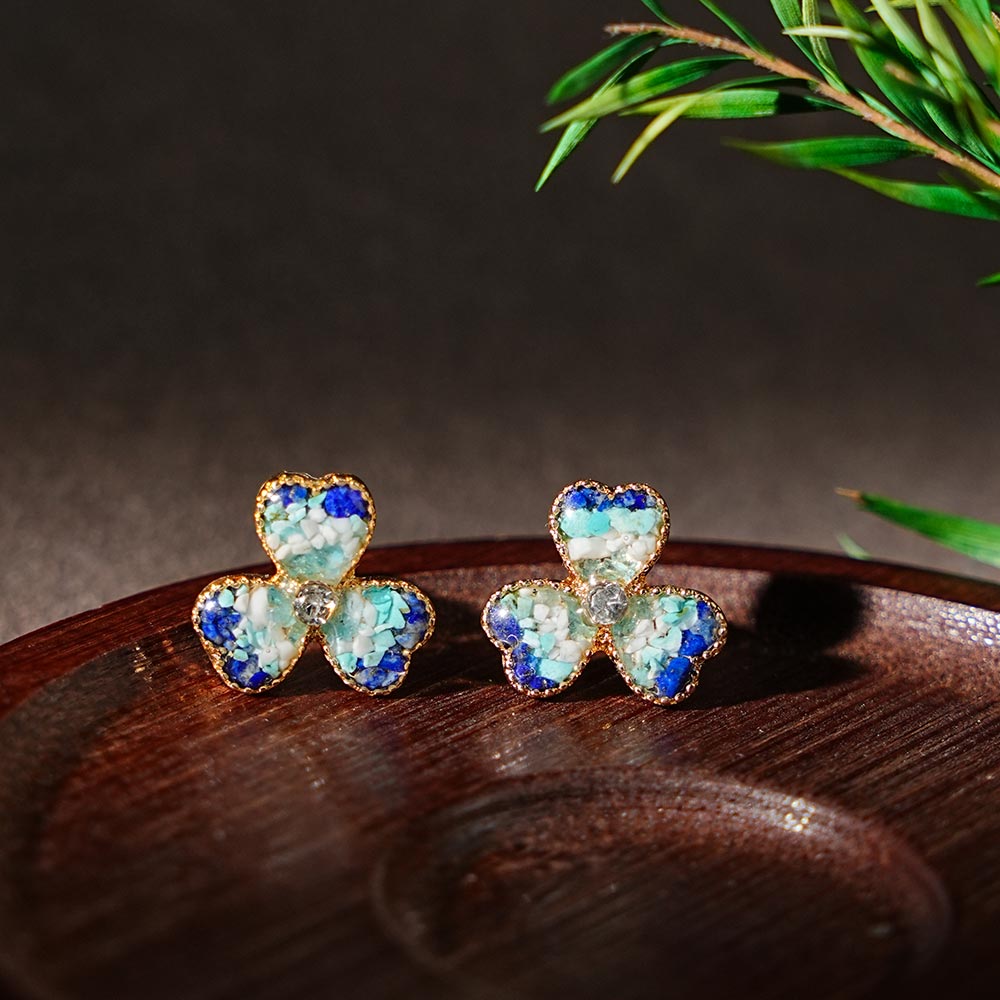 Color Stone Inlay Blue & White Three-Leaf Clover Stud Earrings