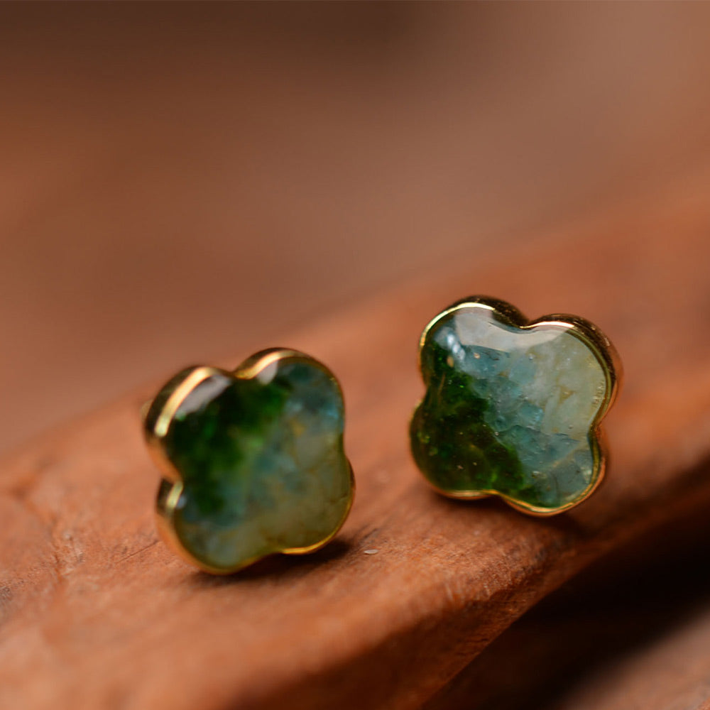 Color Stone Inlay Studs – Four-Leaf Clover, Emerald Green