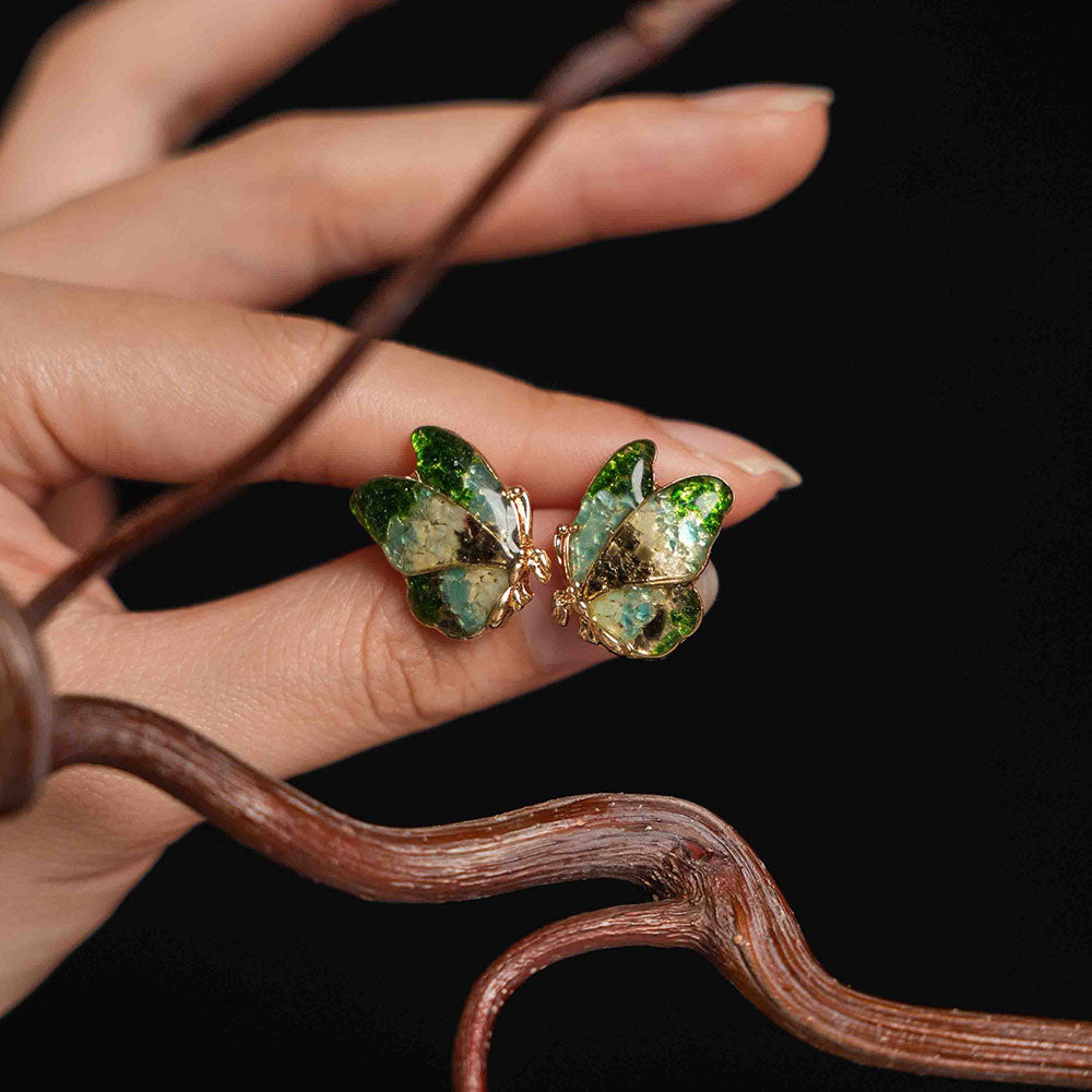 Colorful Stone Inlaid Earrings, Emerald Green Butterfly Wings