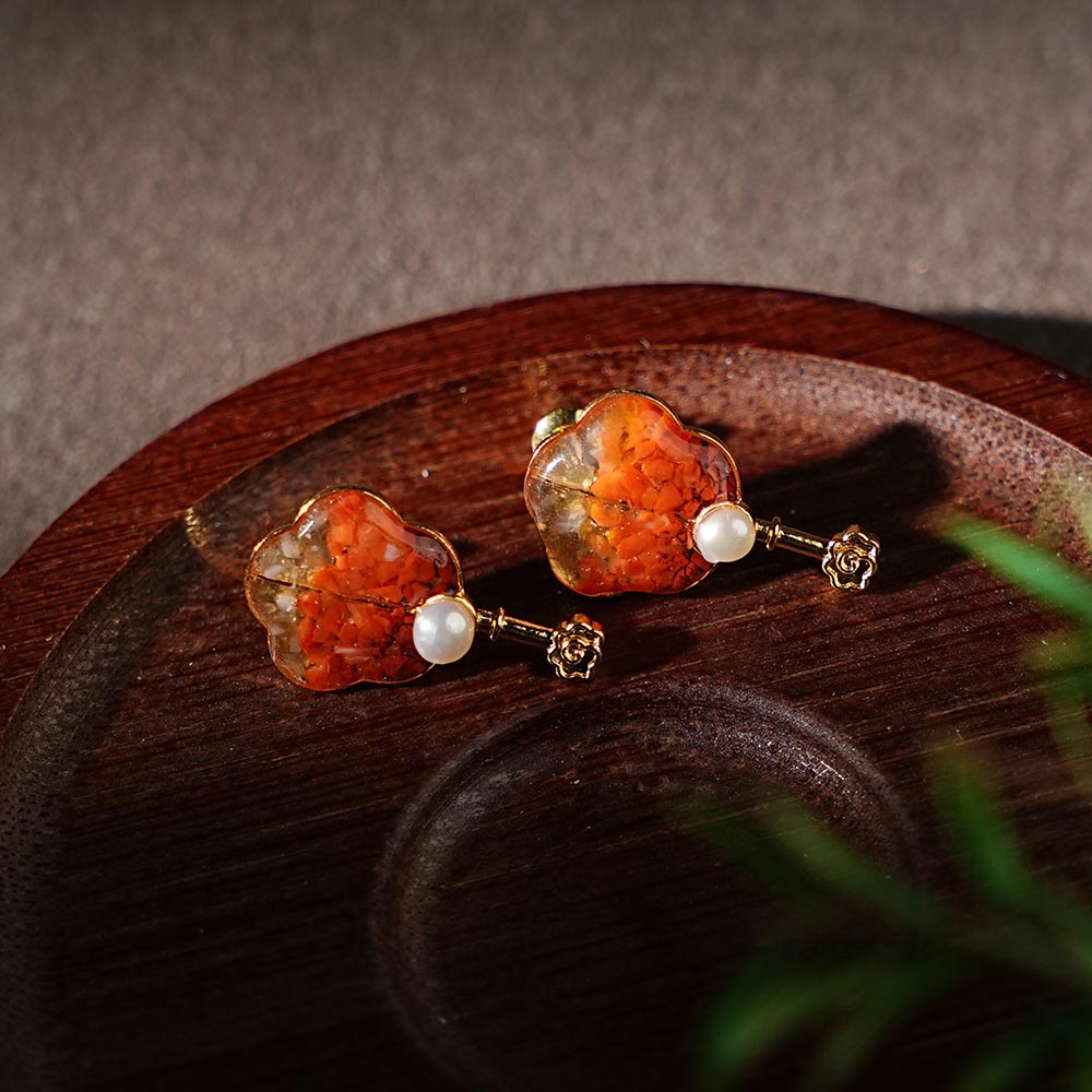 Colorful Stone Inlaid Earrings, Prosperity Red Folding Fan