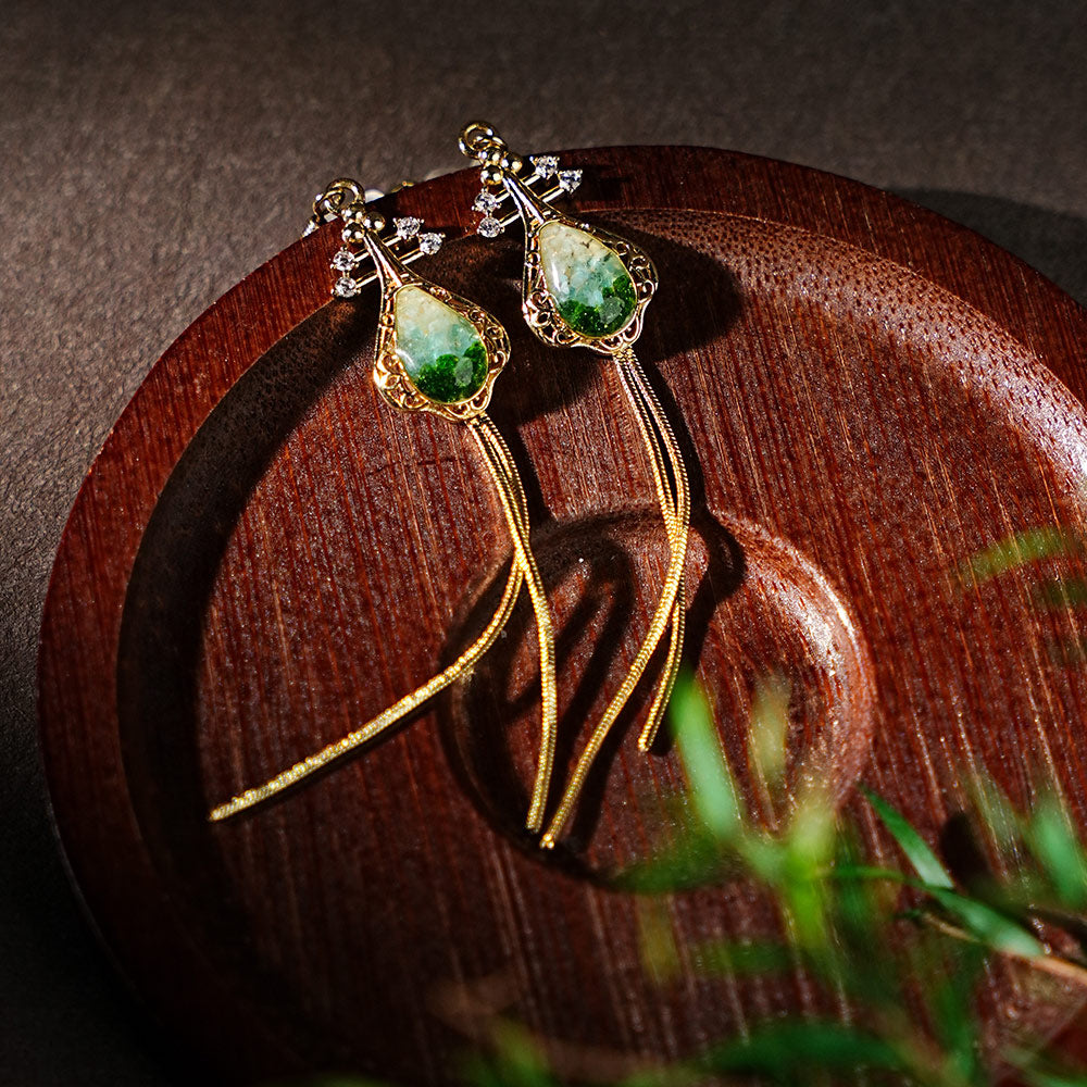 Colored Stone Inlaid Tassel Pipa Earrings Emerald Green Series