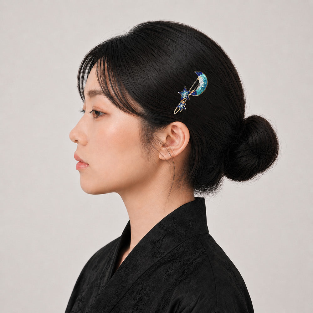 Star and Moon Hairpin with Colorful Stone Inlay