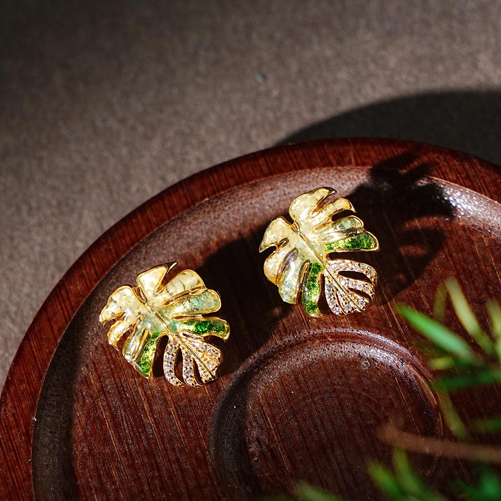 Jade Green Palm Leaf Gem Stud Earrings