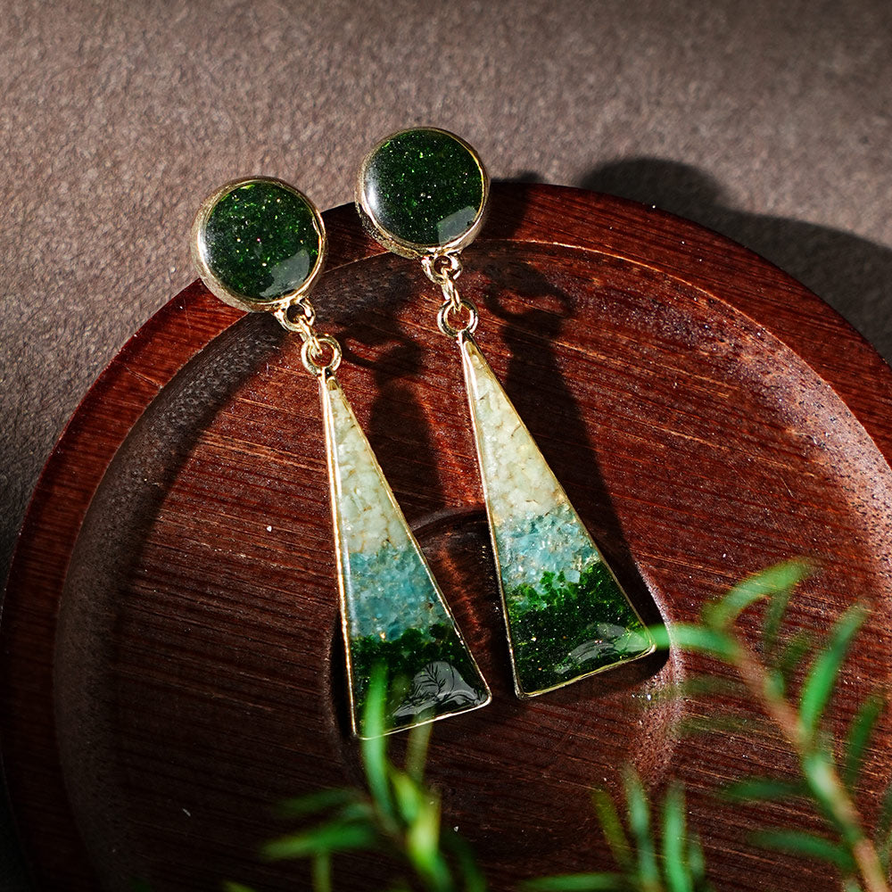Colorful Stone Inlaid Geometric Earrings, Emerald Green Round Triangle
