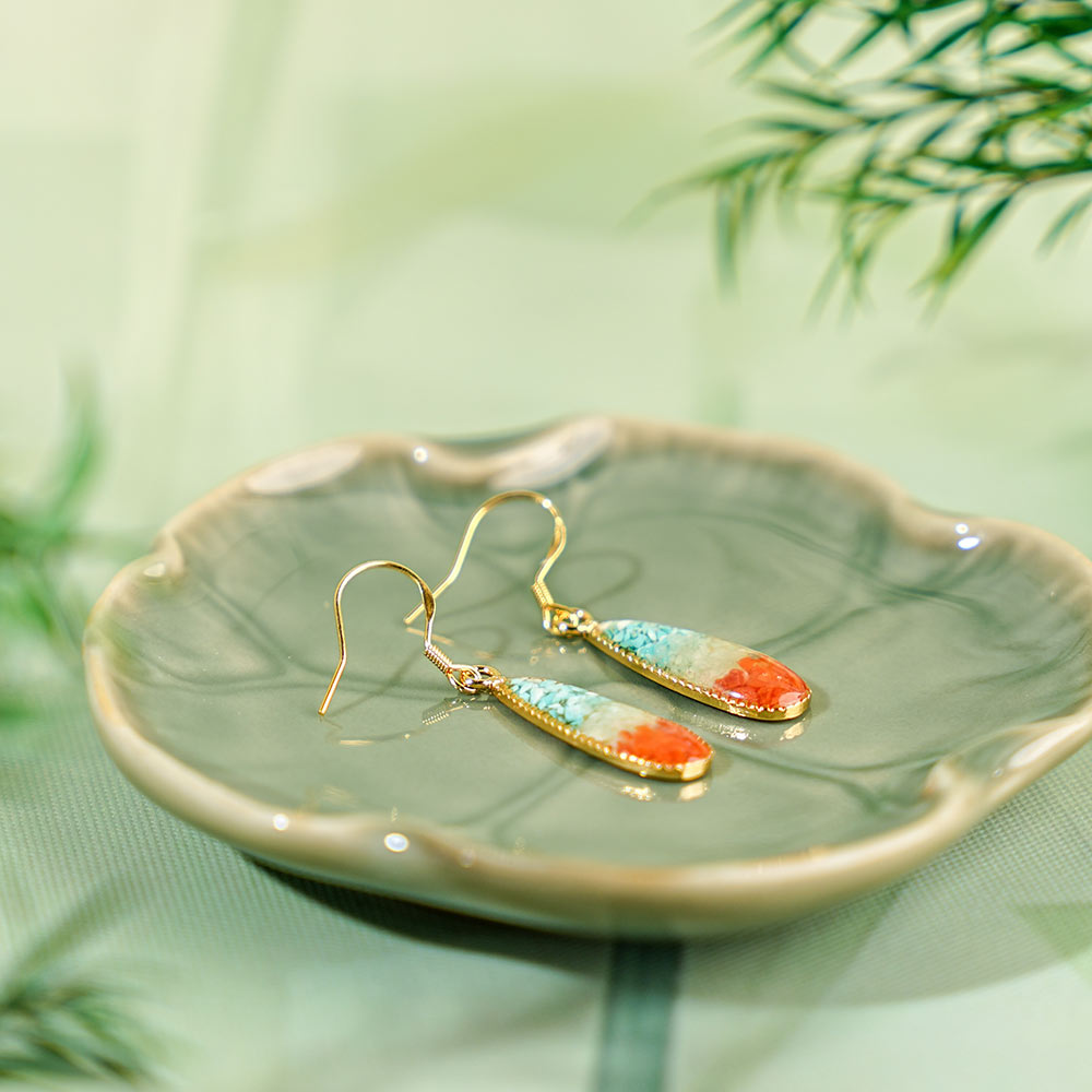 Colorful Stone Inlaid Ear Studs, Dunhuang Red Southern Red Agate Drop Style