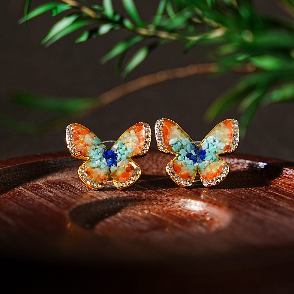 Color Stone Inlay Butterfly Stud Earrings – Dunhuang Color 15MM with Crystal I1
