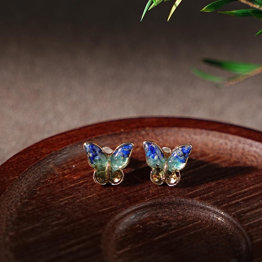 Colored Stone Inlaid Lapis Blue Little Butterfly Earrings