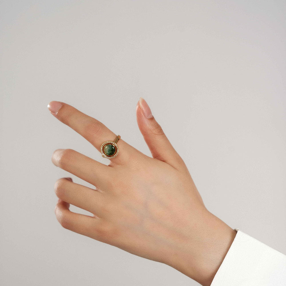 Jadeite Green Big Round Bean Ring Inlaid with Colored Stones