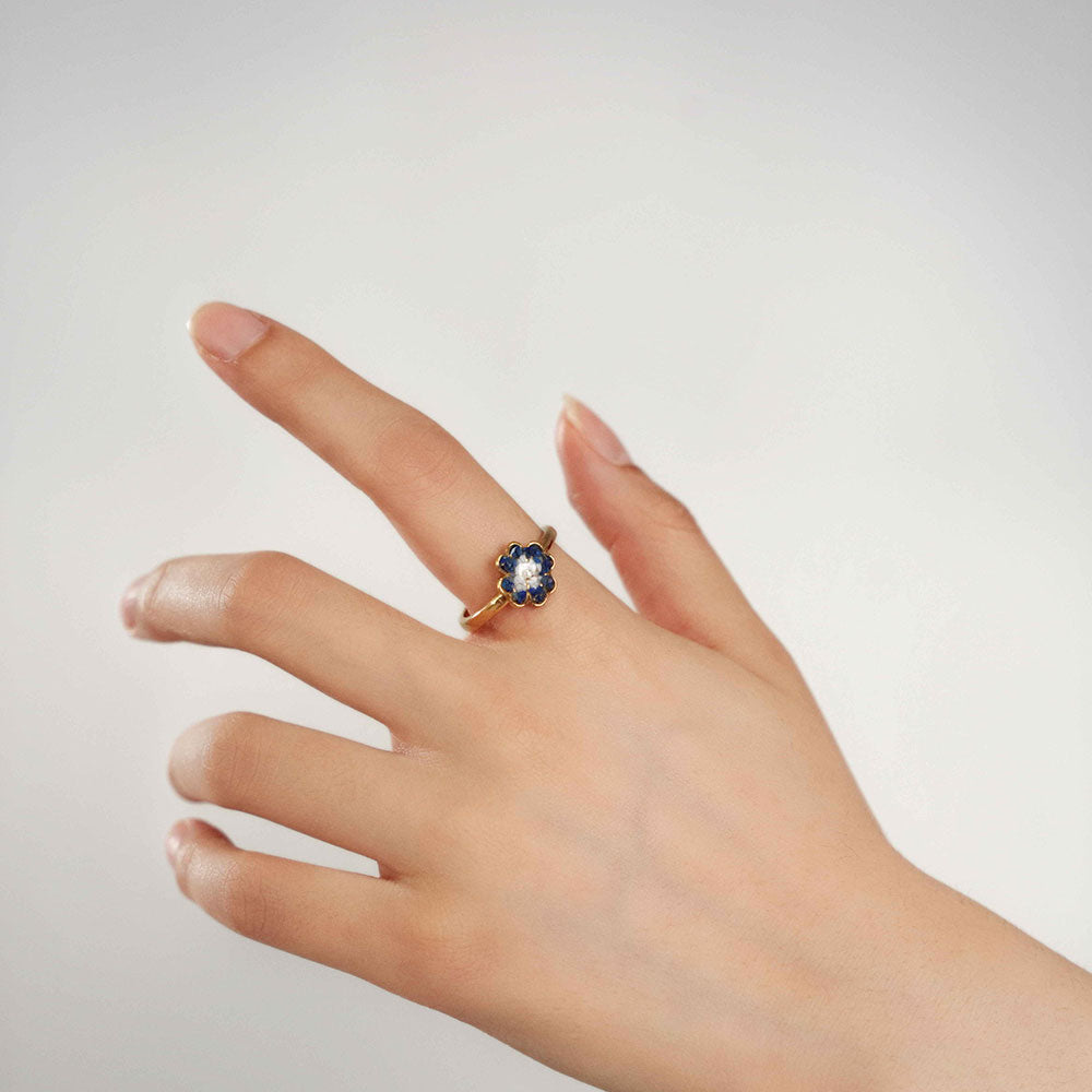 Color Stone Inlay Blue & White Four-Leaf Clover Adjustable Ring