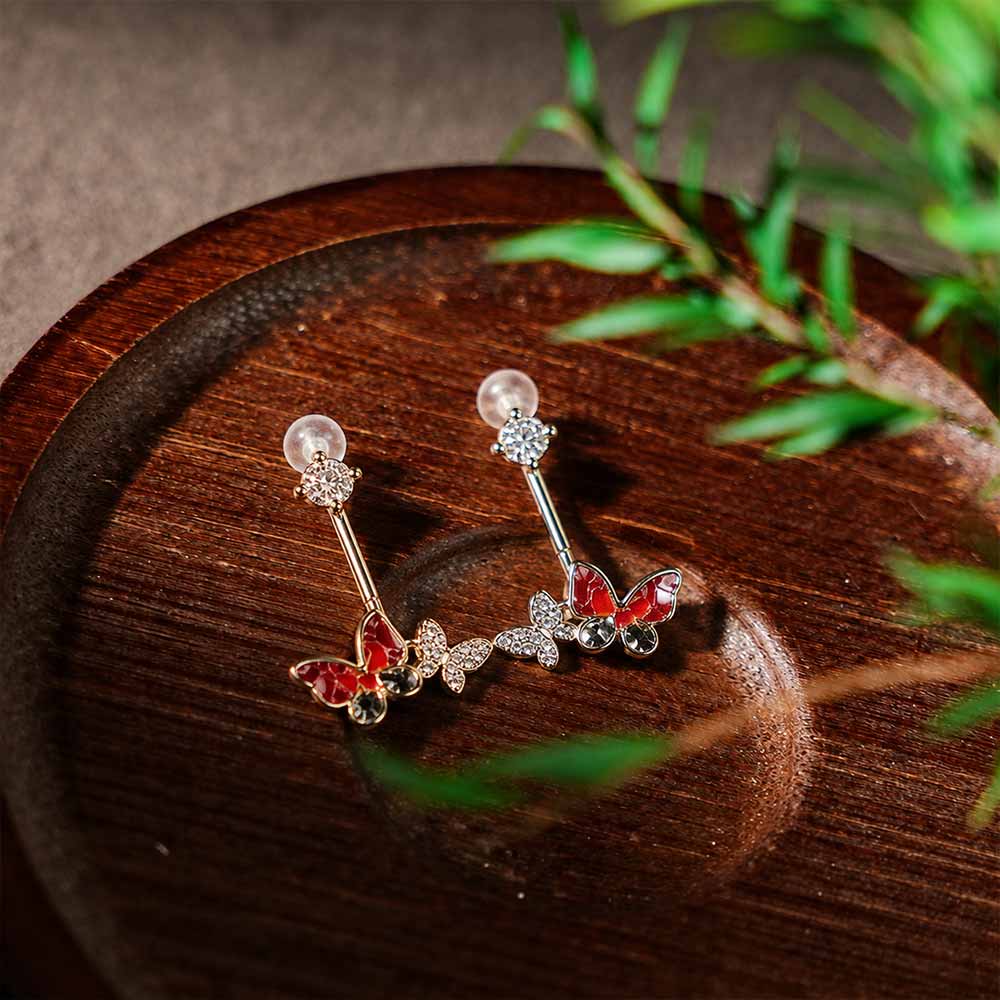 Colorful Stone Inlaid Butterfly Drop Earrings, Plum Red Prosperity Series