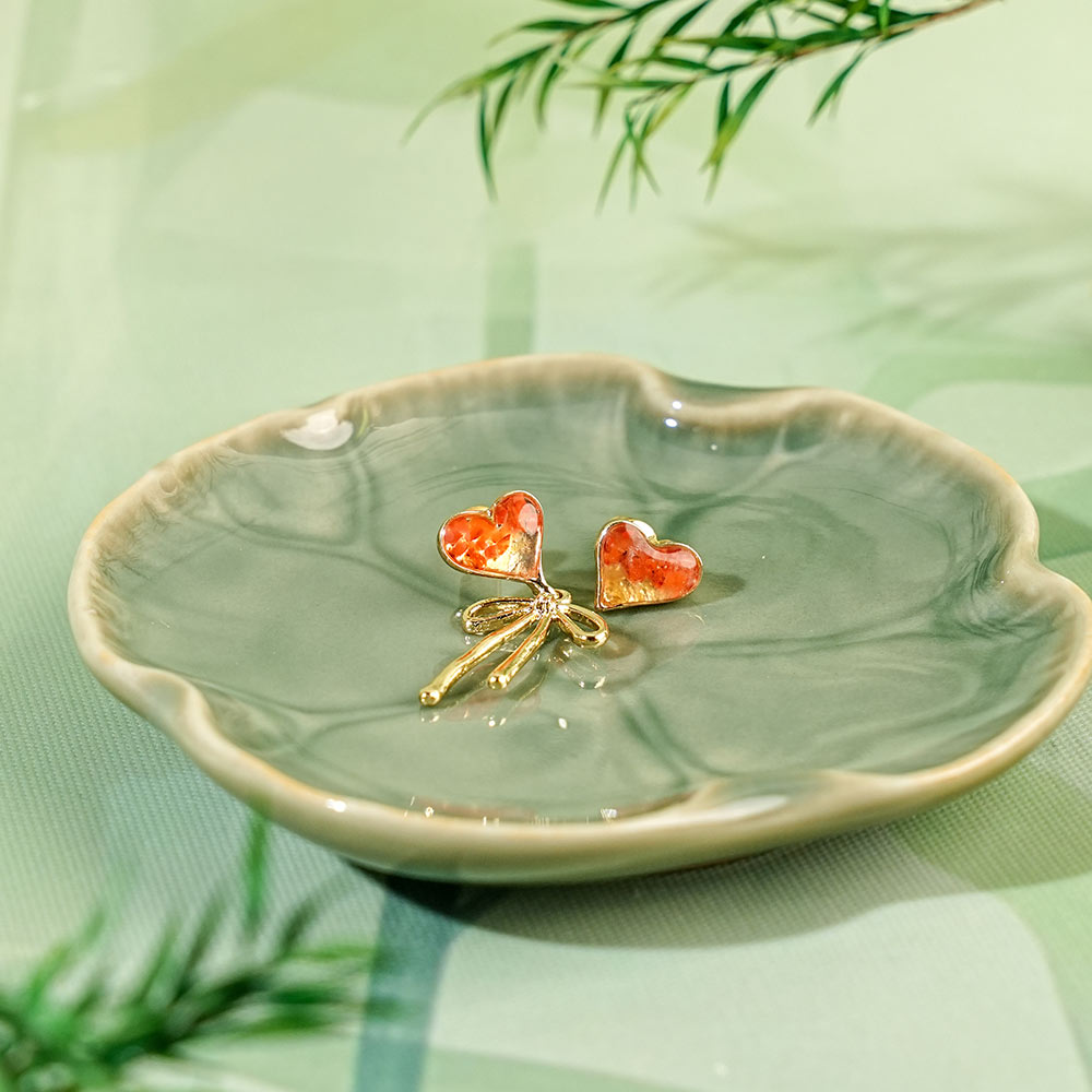 Color Stone Inlay Stud Earrings – Prosperous Red Asymmetrical Heart