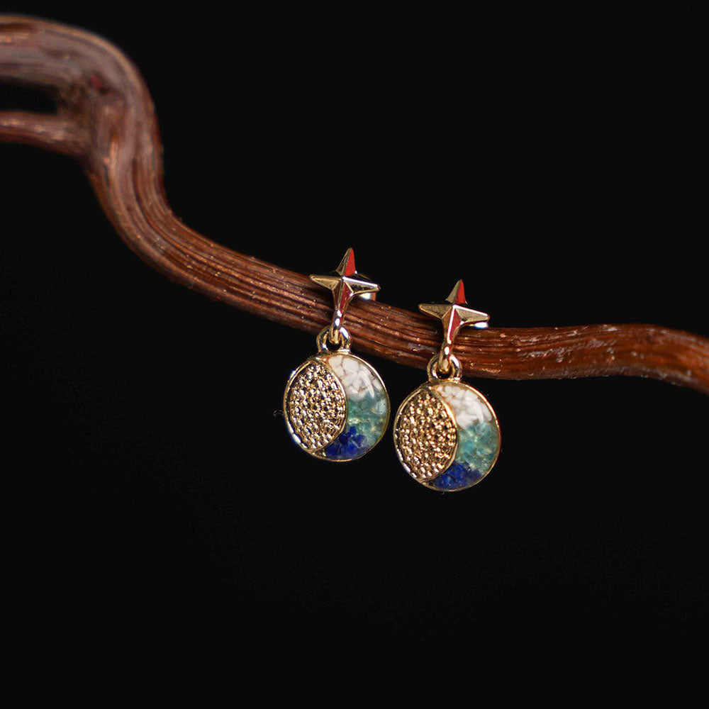 Stone Inlay Sun Moon Star Earrings, Blue and White Style