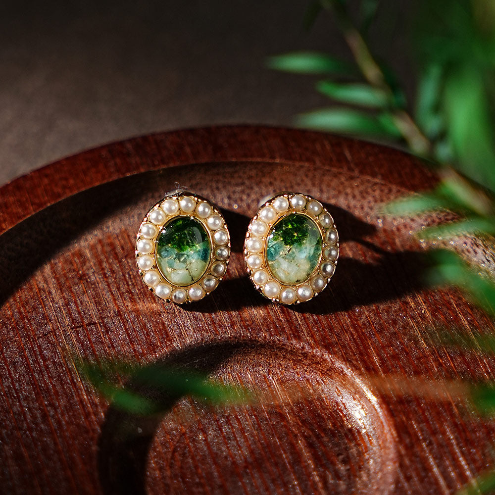 Colorstone Inlay Pearl Oval Stud Earrings, Emerald Green Series