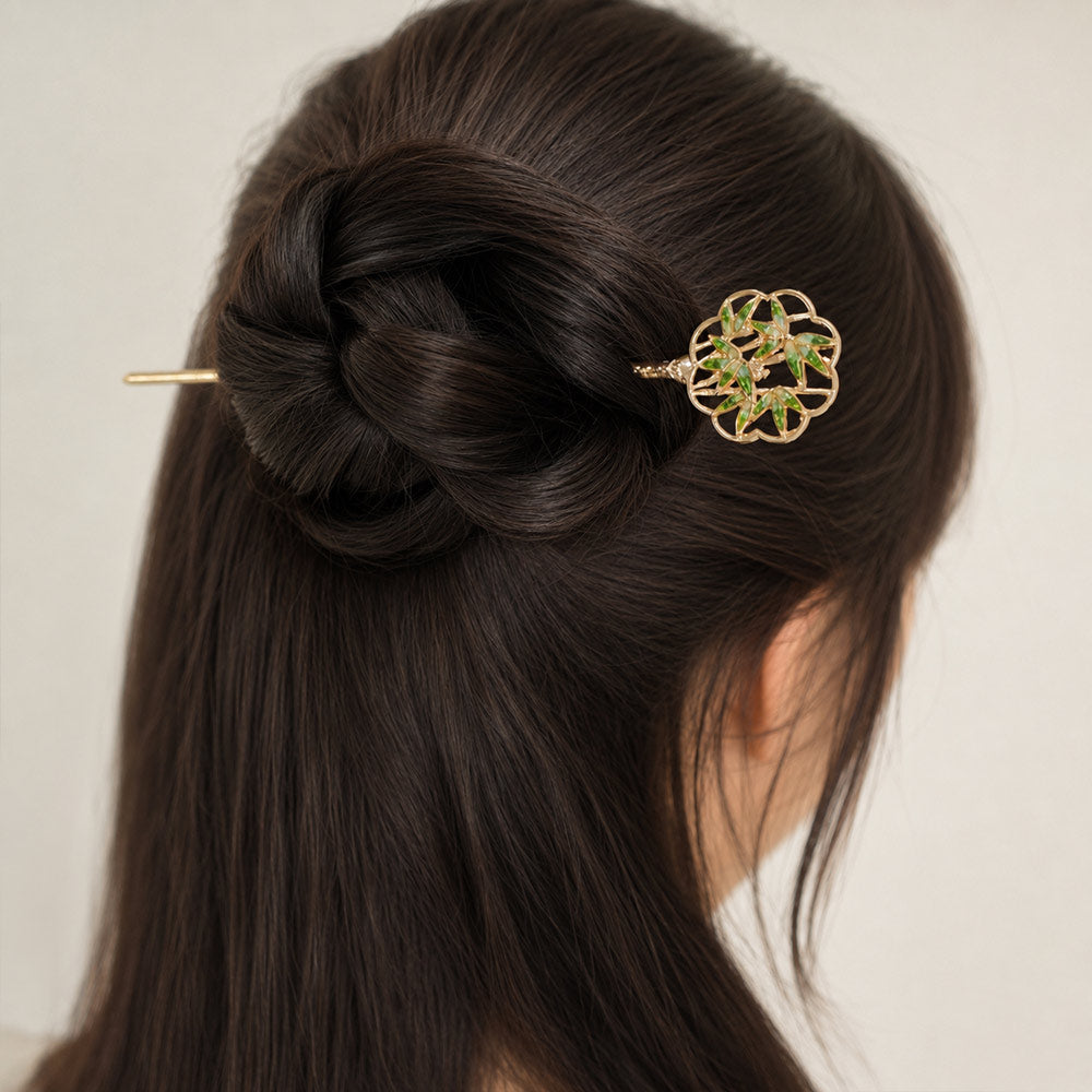 Jadeite Green Color Variation: Color Stone Inlaid Openwork Bamboo Hairpin