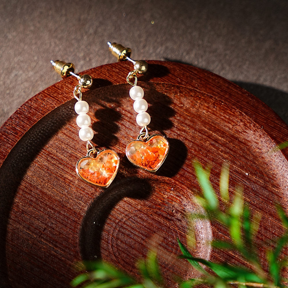 Color Stone Inlay Studs – Pearl & Heart, Vibrant Red