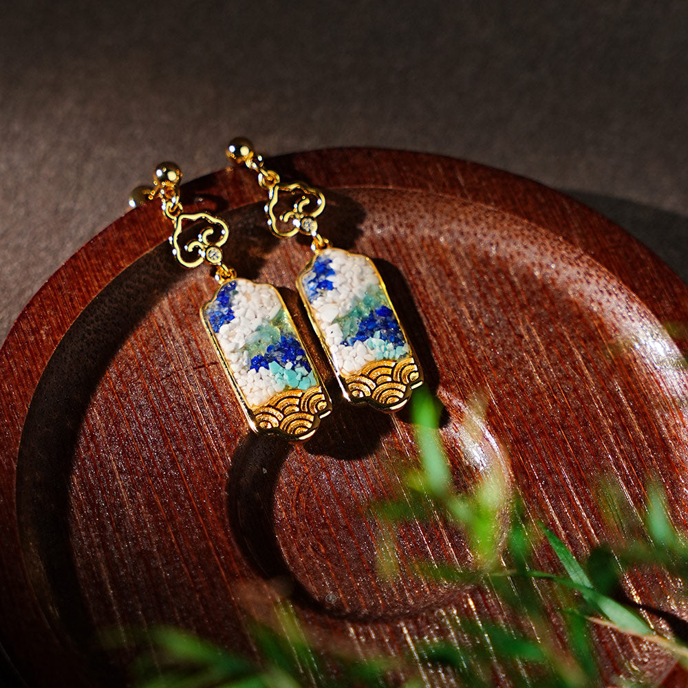Colored Stone Inlaid Blue-and-White Nameplate Hook Earrings