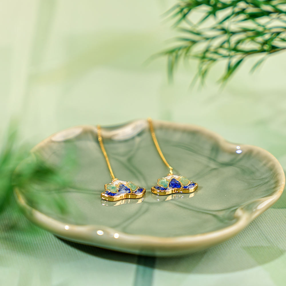 Colorful Stone Inlaid Long Earrings, Lotus Blue & White Porcelain Style