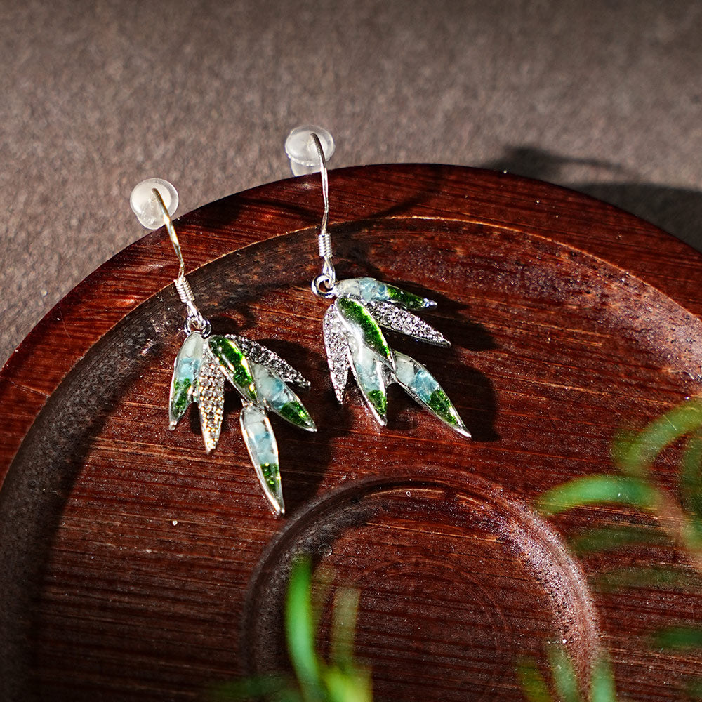 Color Stone Inlay Bamboo Leaf Earhooks