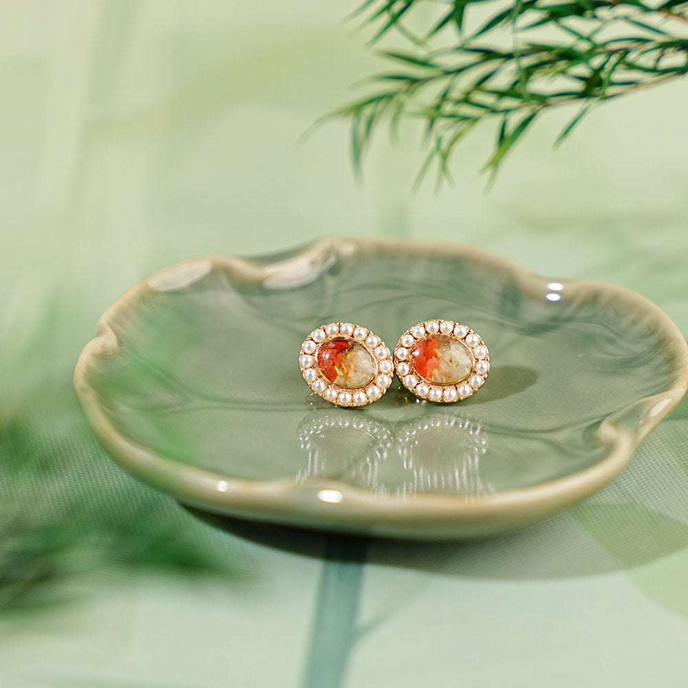 Colorstone Inlay Pearl Oval Stud Earrings, Spring Series
