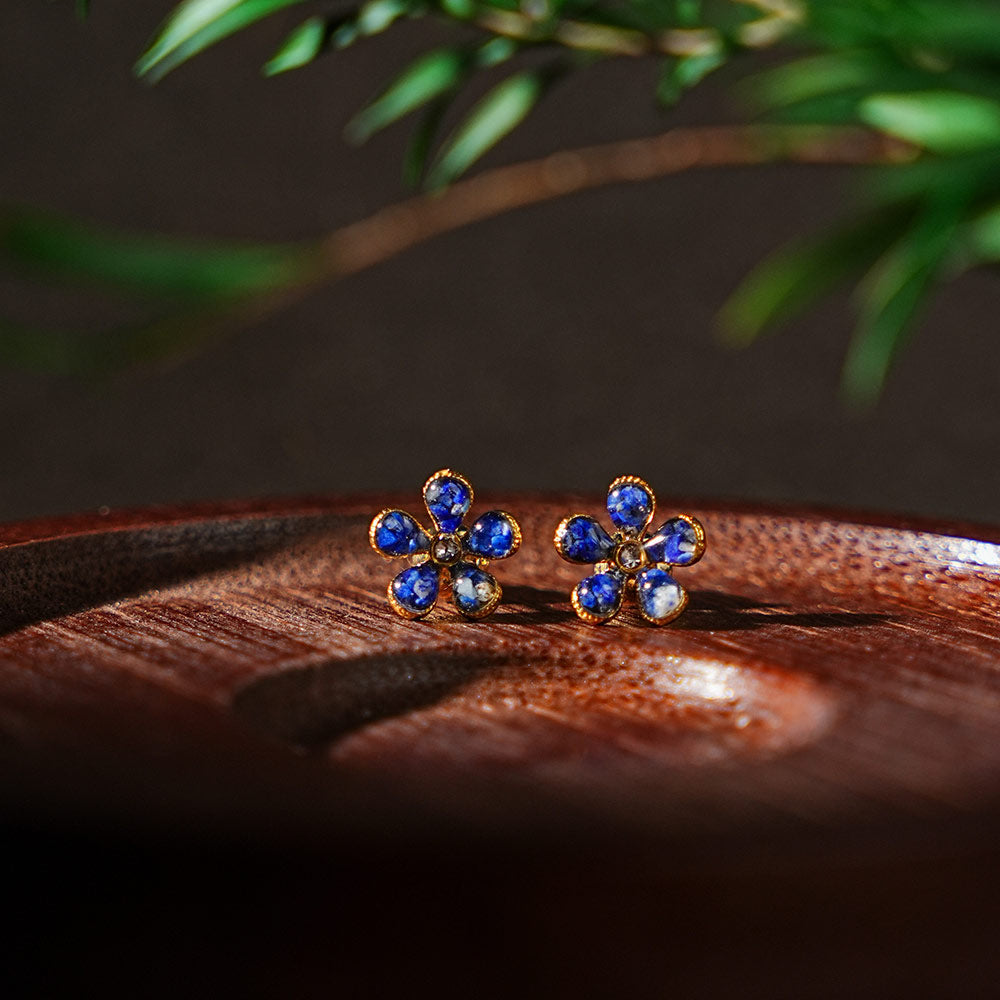 Color Stone Inlay Five-Petal Flower Stud Earrings - Sapphire Blue Series